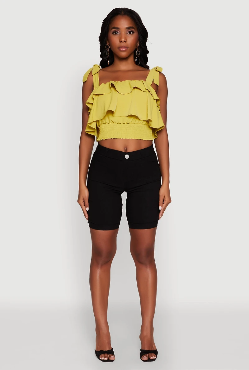 Womens Crepe Knit Sleeveless Square Neck Tie Strap Blouse with Ruffles, Yellow, Size M