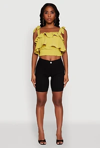 Womens Crepe Knit Sleeveless Square Neck Tie Strap Blouse with Ruffles, Yellow, Size M