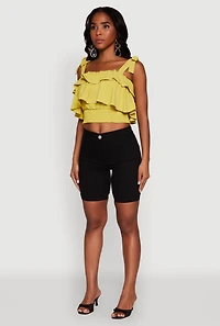 Womens Crepe Knit Sleeveless Square Neck Tie Strap Blouse with Ruffles, Yellow, Size M
