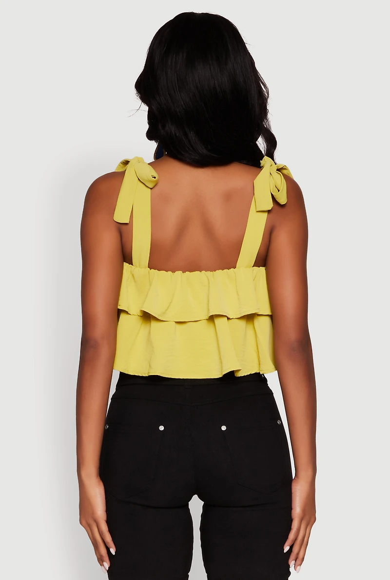 Womens Crepe Knit Sleeveless Square Neck Tie Strap Blouse with Ruffles, Yellow, Size M