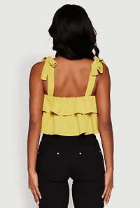 Womens Crepe Knit Sleeveless Square Neck Tie Strap Blouse with Ruffles, Yellow, Size M