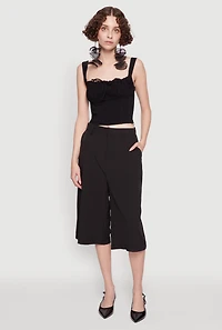 Womens Linen Drawstring Lace Detail Cropped Corset Top, Black, Size L