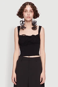 Womens Linen Drawstring Lace Detail Cropped Corset Top, Black, Size L