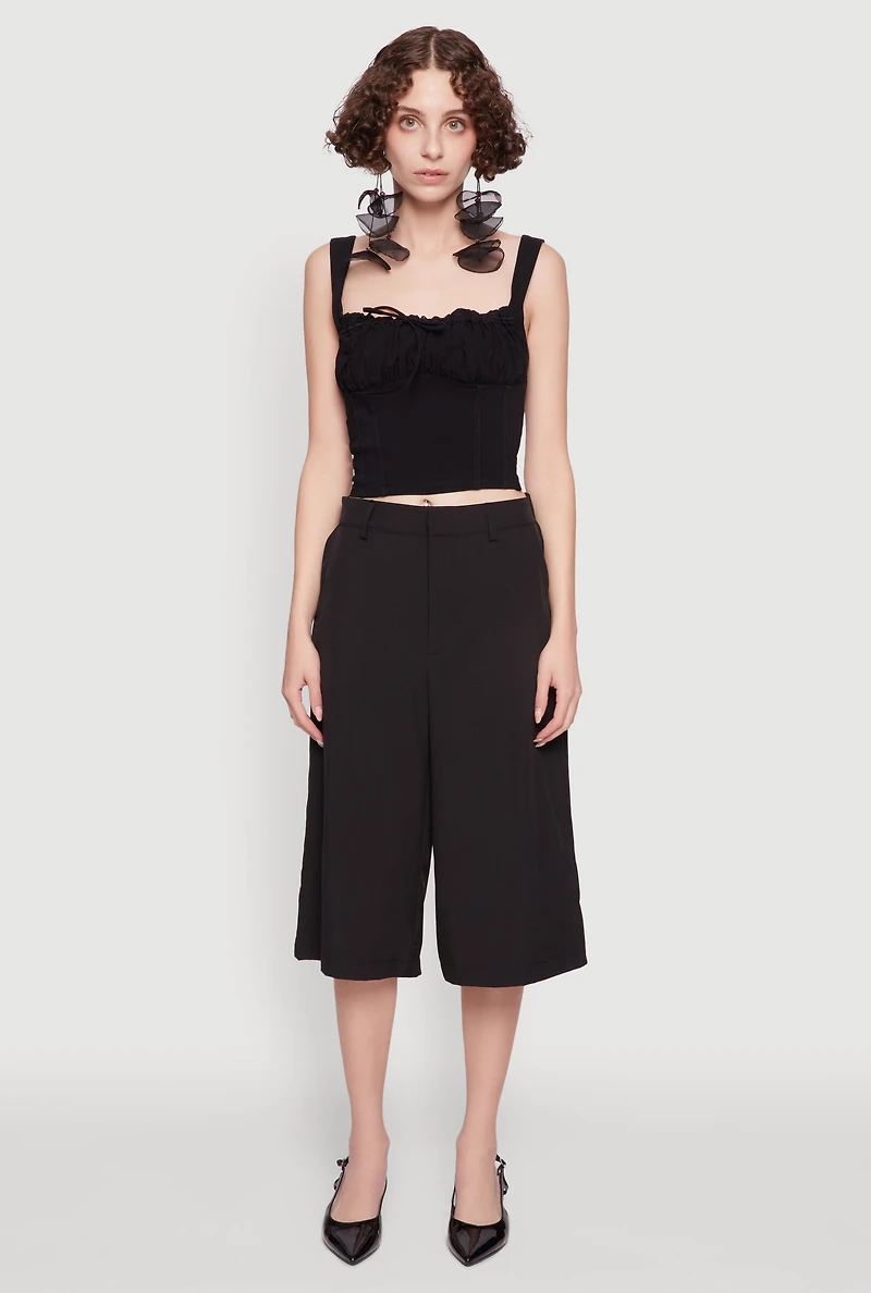 Womens Linen Drawstring Lace Detail Cropped Corset Top, Black, Size L