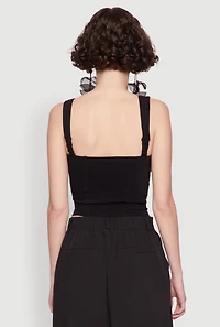 Womens Linen Drawstring Lace Detail Cropped Corset Top, Black, Size L