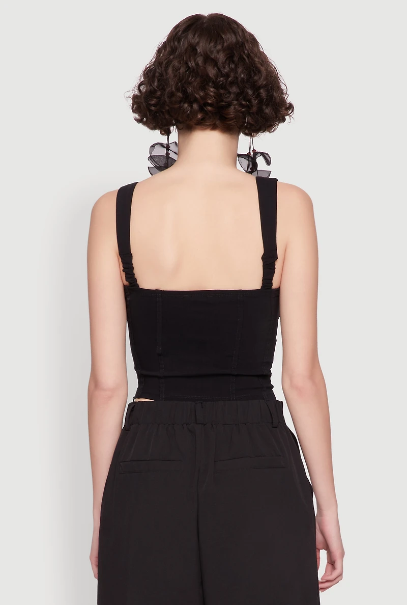 Womens Linen Drawstring Lace Detail Cropped Corset Top, Black,