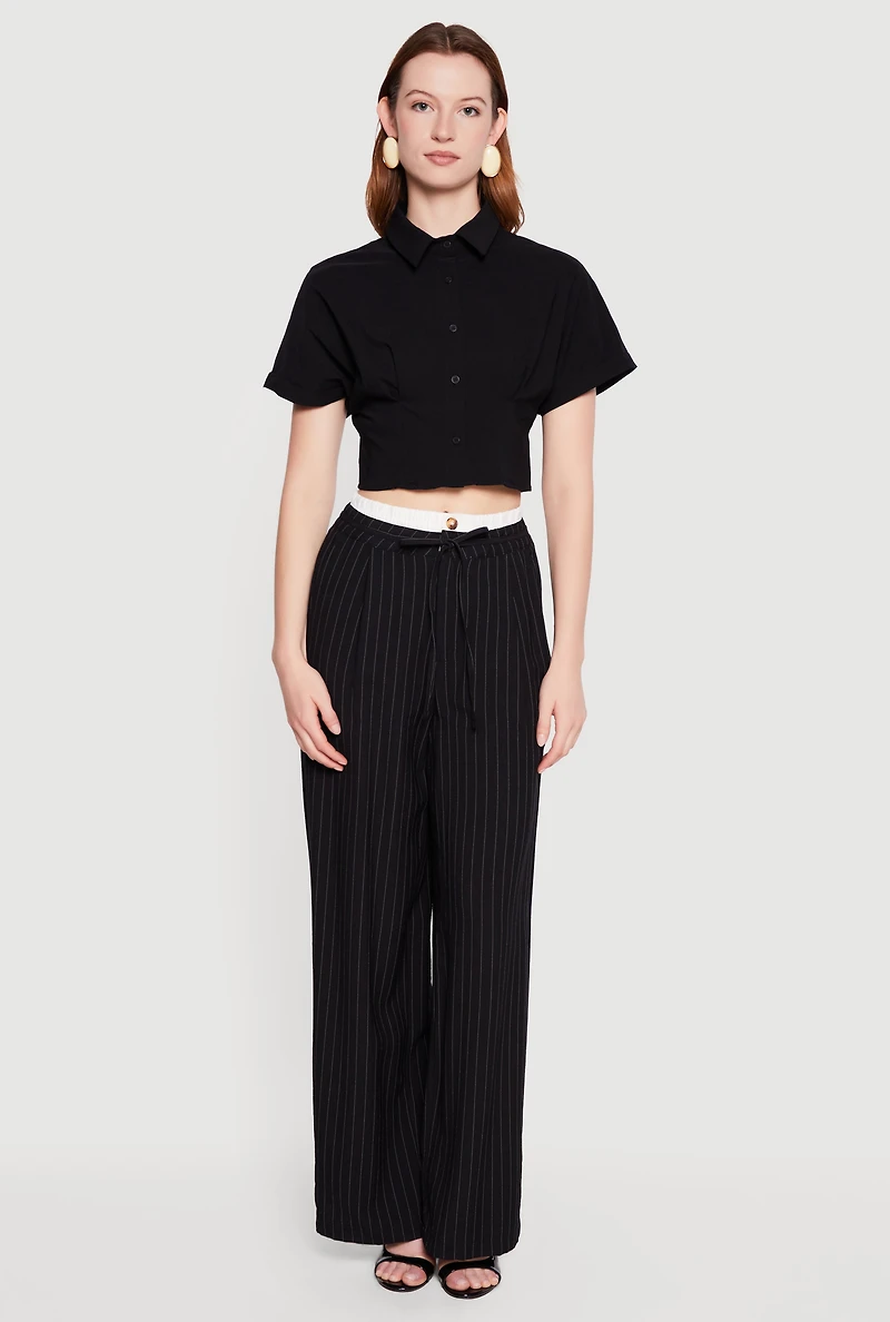 Cropped Pleated Button Front Shirt