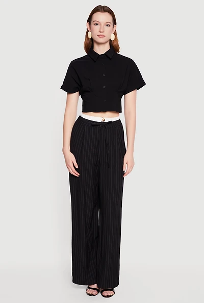 Cropped Pleated Button Front Shirt