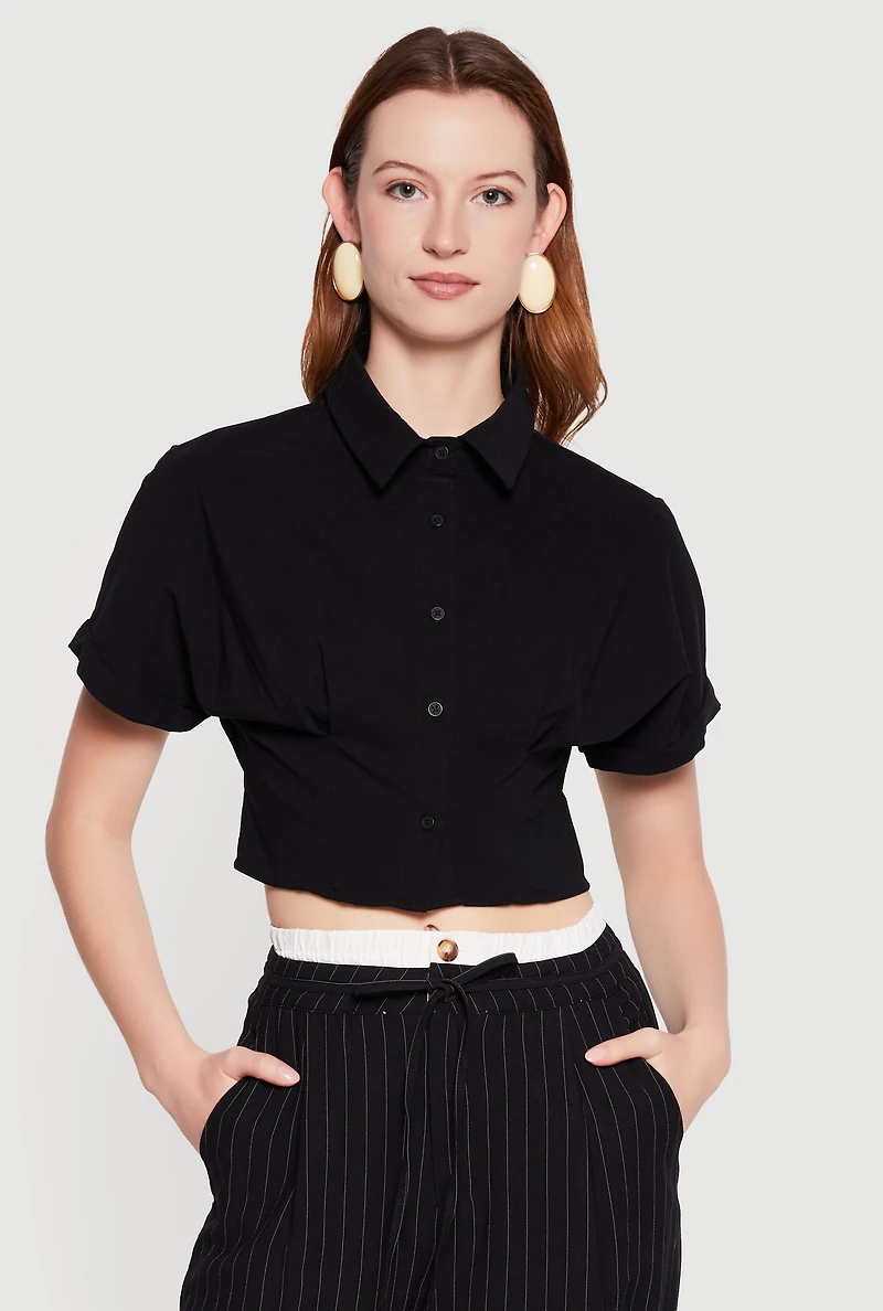 Cropped Pleated Button Front Shirt