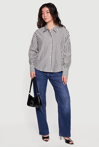 Striped Button Front Long Sleeve Blouse