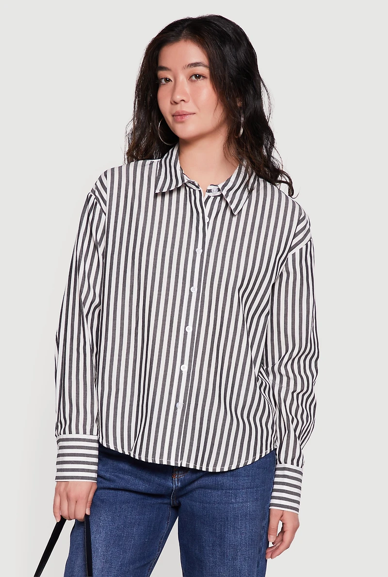 Striped Button Front Long Sleeve Blouse