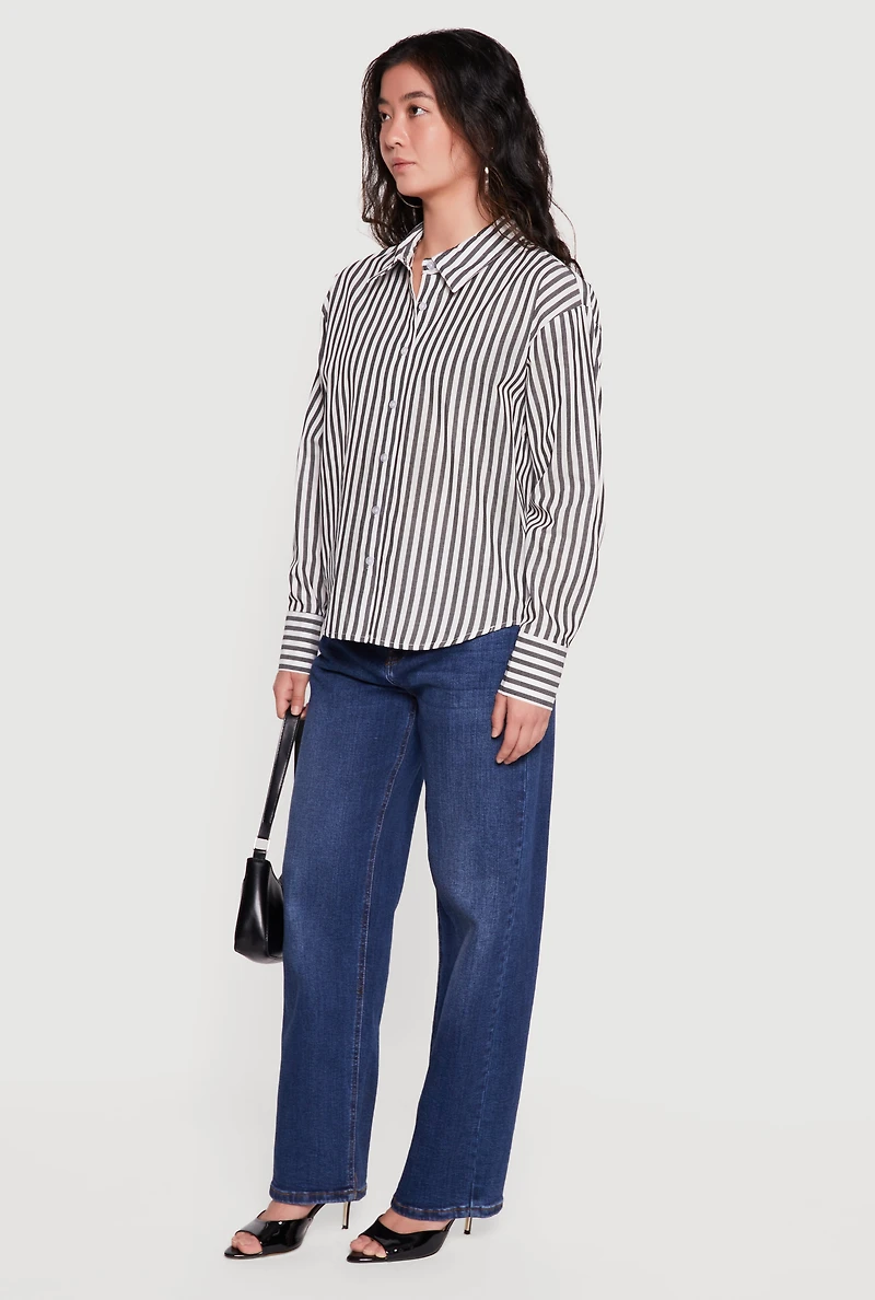 Striped Button Front Long Sleeve Blouse