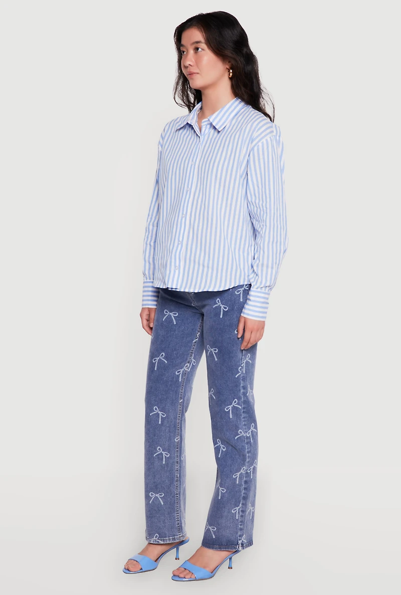 Striped Button Front Long Sleeve Blouse