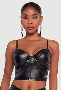 Womens Faux Leather Cropped Caged Side Bustier, Black, Size L