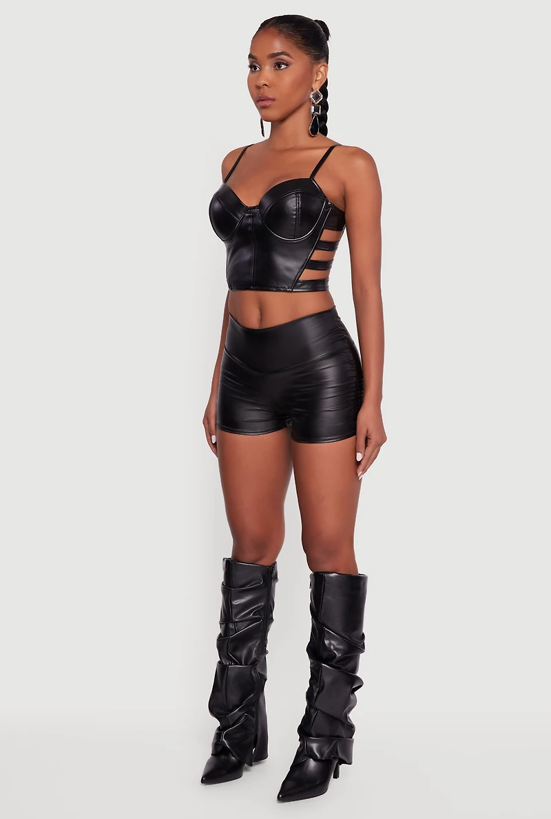 Womens Faux Leather Cropped Caged Side Bustier, Black, Size L