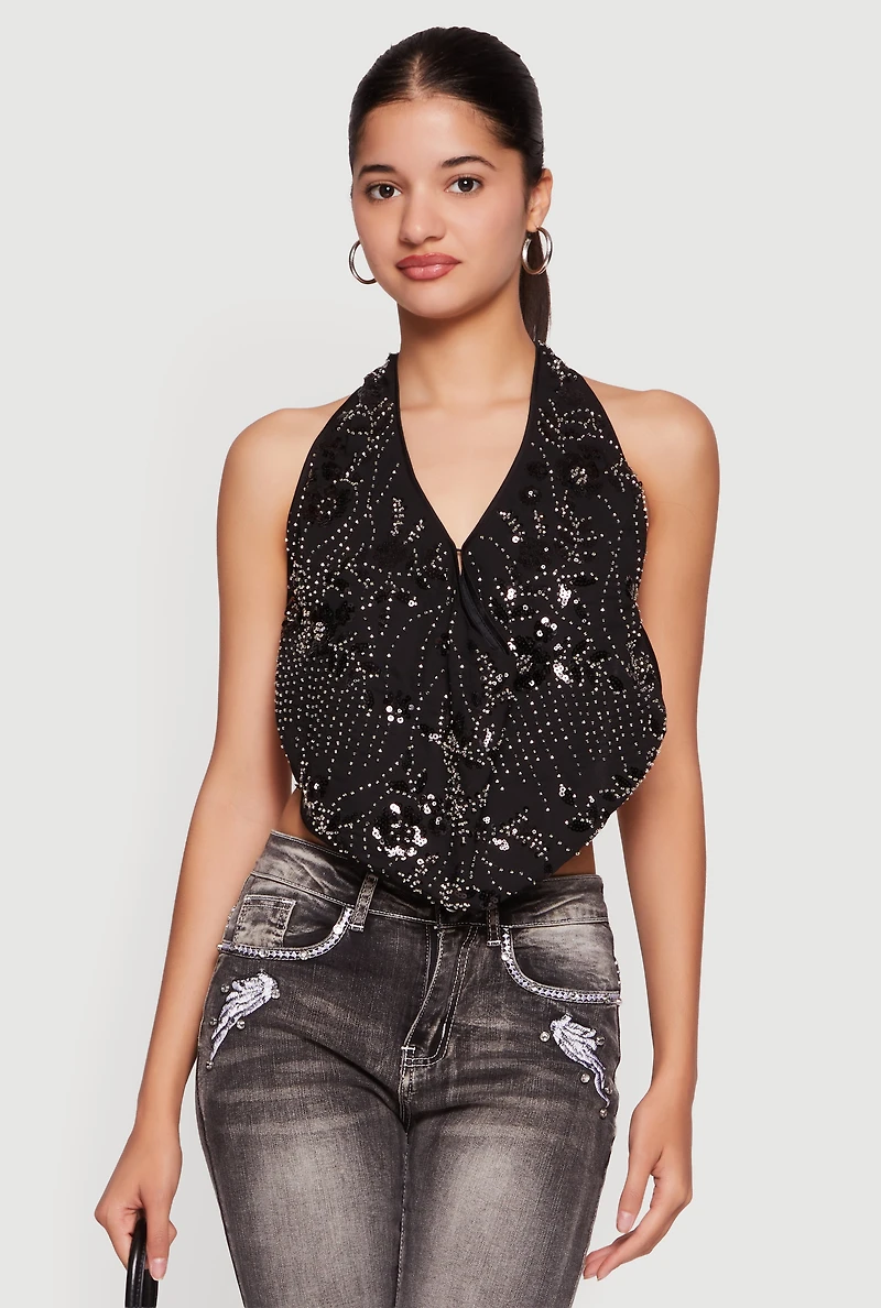 Beaded Sequin Floral Patterned Backless Halter Top