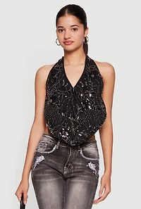 Beaded Sequin Floral Patterned Backless Halter Top