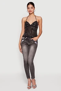 Floral Sequin Beaded Detail Tie Back Top