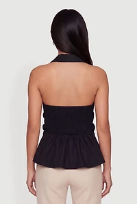 Collared Ruched Button Front Halter Top