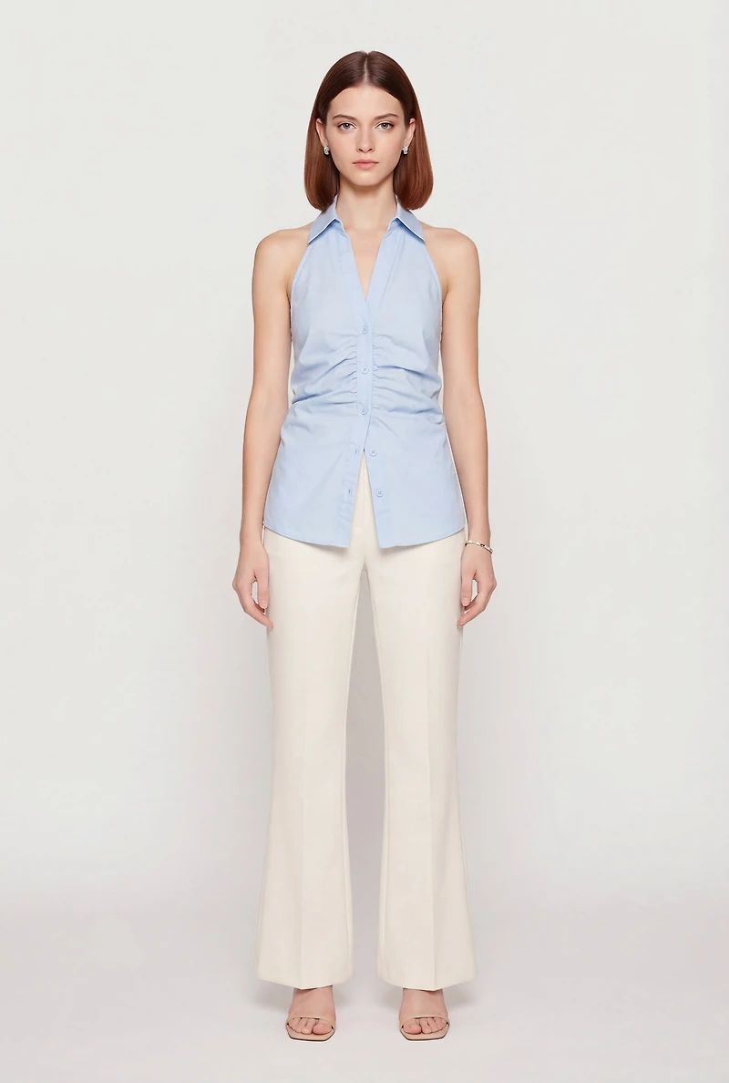Collared Ruched Button Front Halter Top