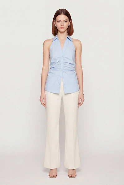 Collared Ruched Button Front Halter Top