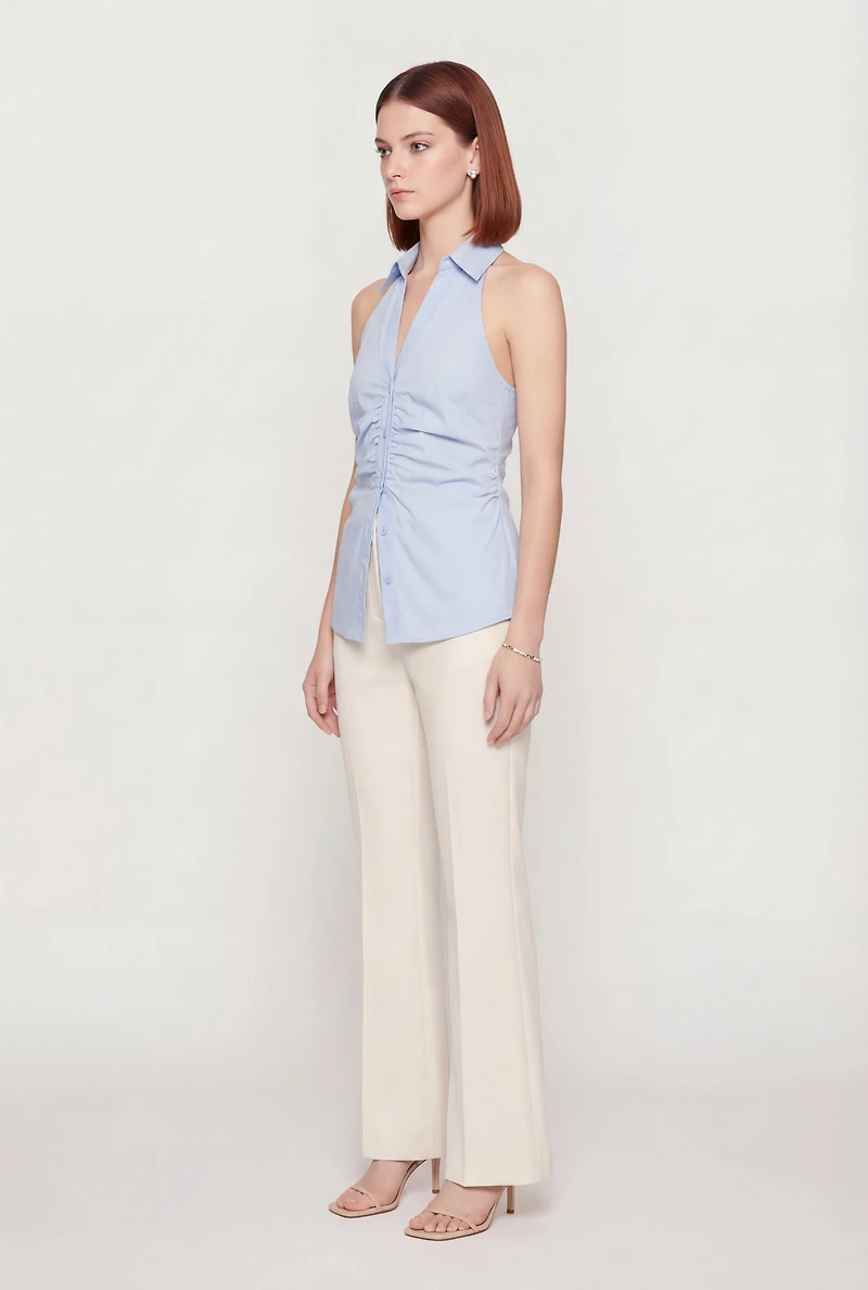 Collared Ruched Button Front Halter Top