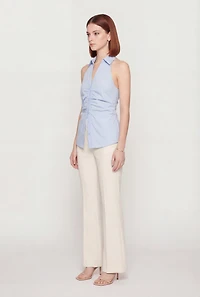 Collared Ruched Button Front Halter Top