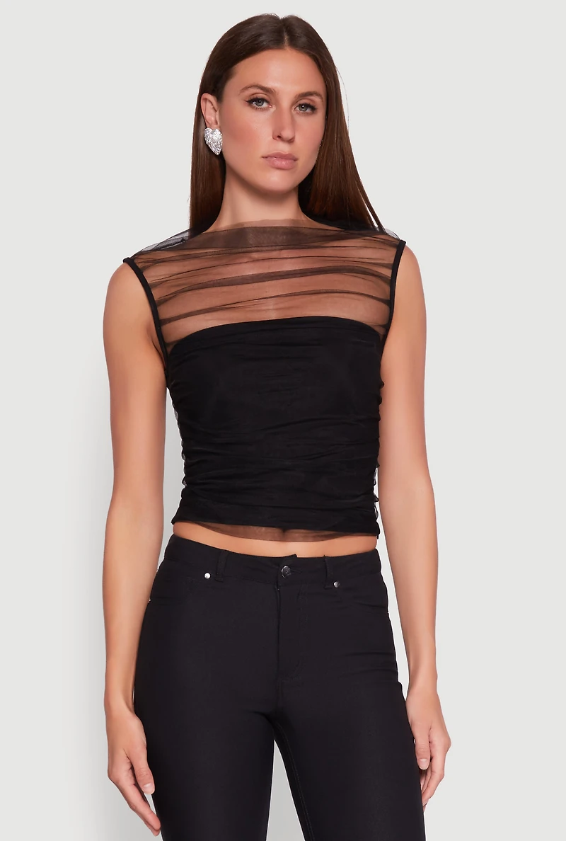 Womens High Neck Mesh Crop Top, L
