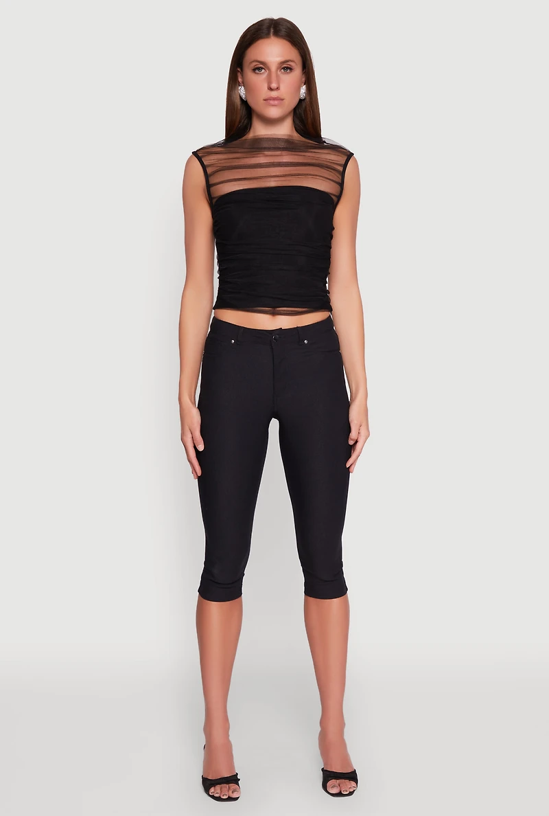 Womens High Neck Mesh Crop Top, L