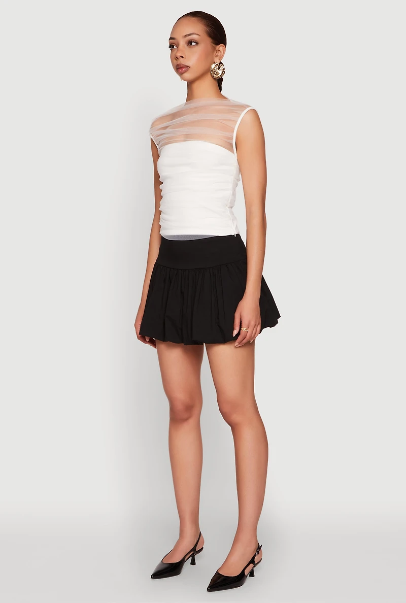 Womens High Neck Mesh Crop Top, White, Size M