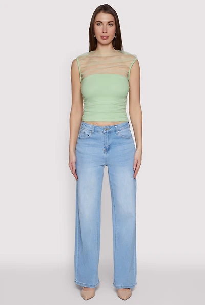 Womens High Neck Mesh Crop Top, Green, Size S