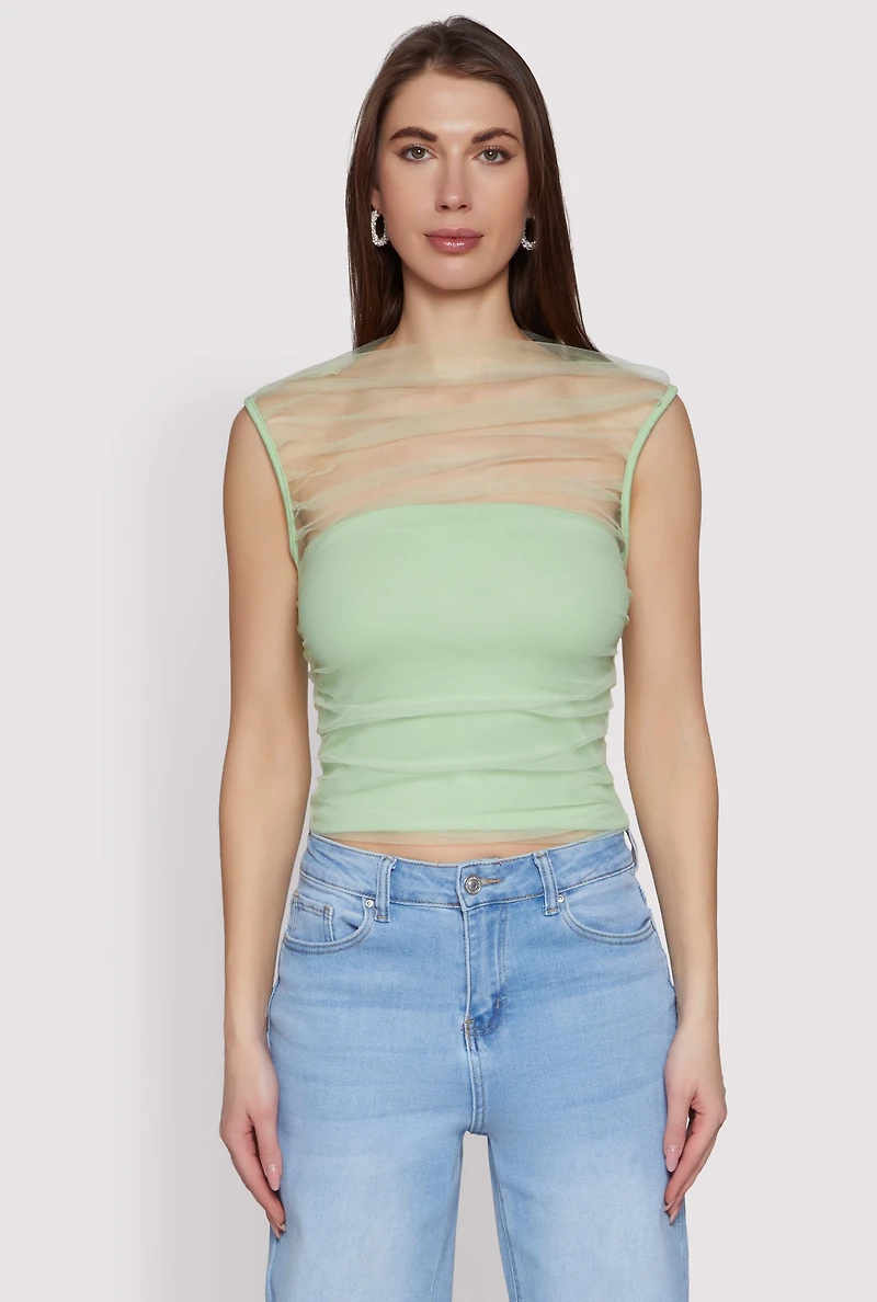 Womens High Neck Mesh Crop Top, Green, Size S