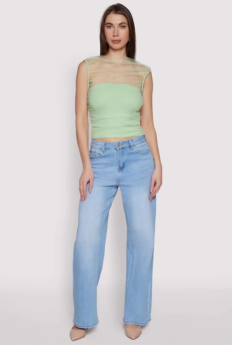 Womens High Neck Mesh Crop Top, Green, Size S
