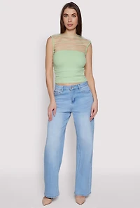Womens High Neck Mesh Crop Top, Green, Size S