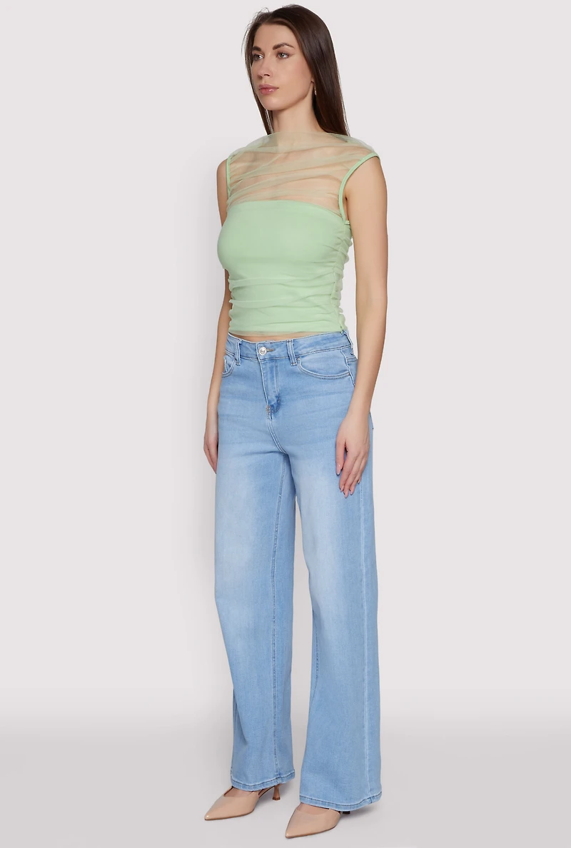 Womens High Neck Mesh Crop Top, Green, Size S