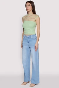 Womens High Neck Mesh Crop Top, Green, Size S