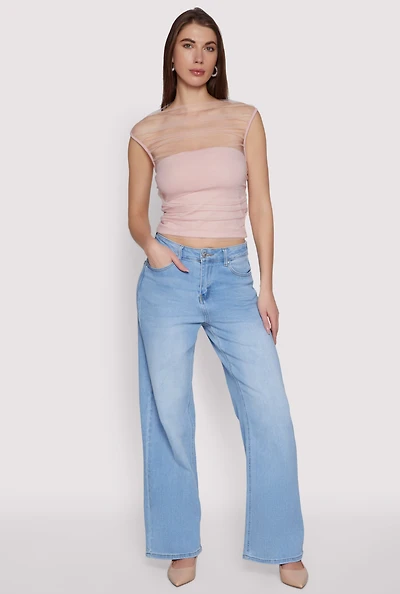 Womens High Neck Mesh Crop Top, Pink, Size S