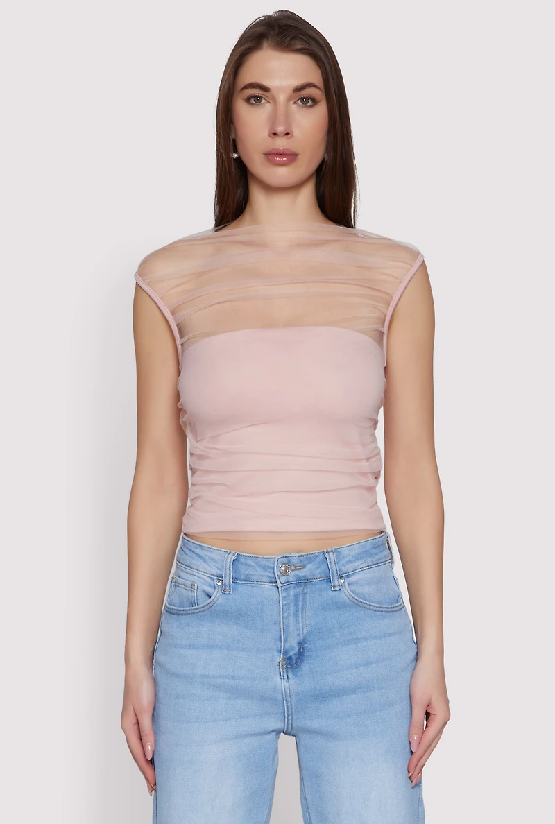 Womens High Neck Mesh Crop Top, Pink, Size S
