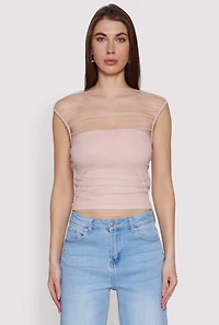 Womens High Neck Mesh Crop Top, Pink, Size S