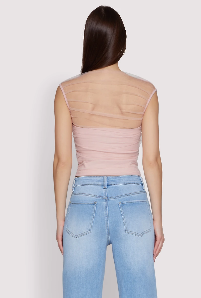 Womens High Neck Mesh Crop Top, Pink, Size S