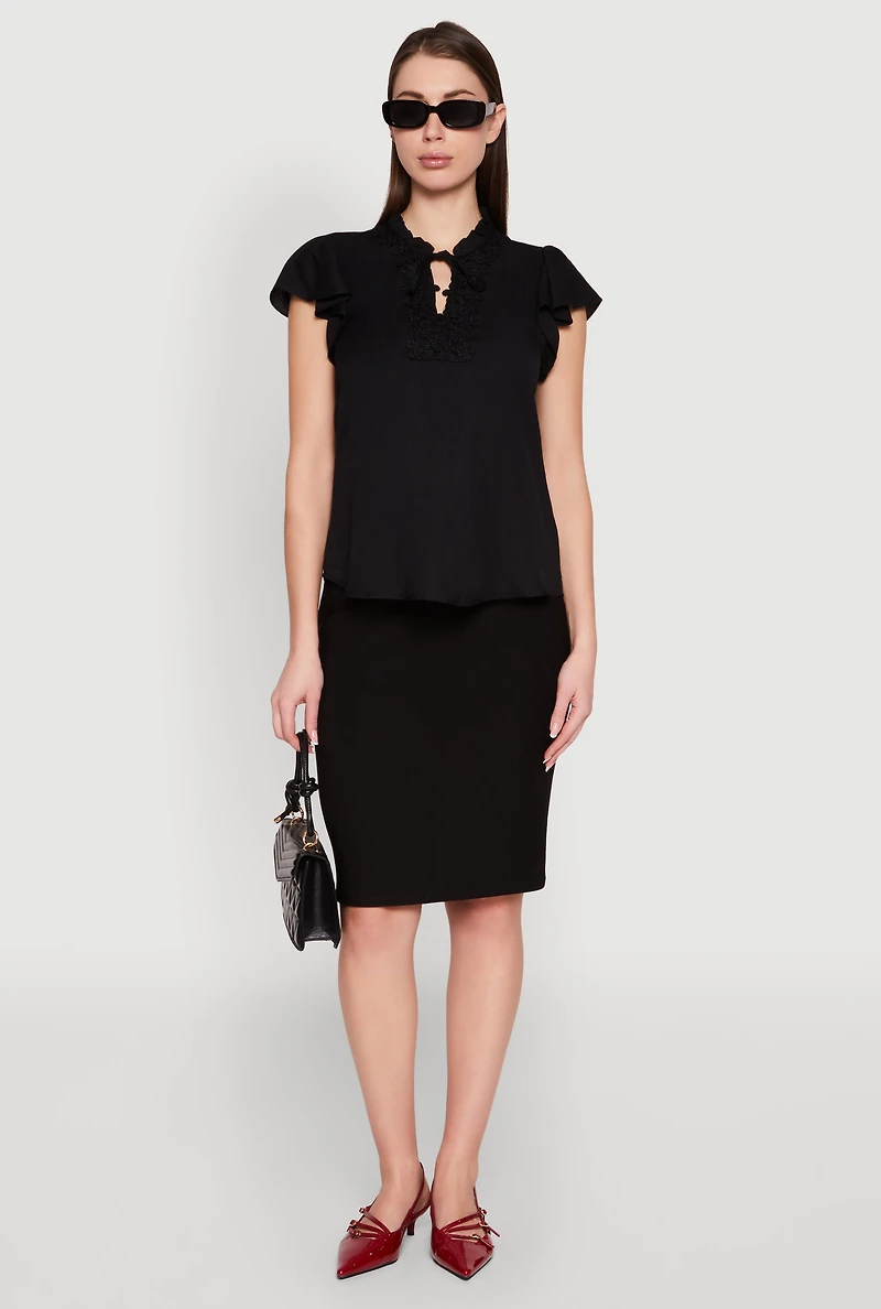 Womens Iris Crochet Detail Flounce Sleeve Blouse, Black, Size S