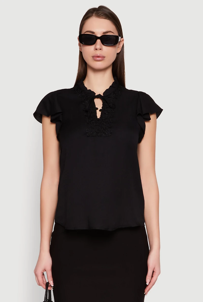 Womens Iris Crochet Detail Flounce Sleeve Blouse, Black, Size S