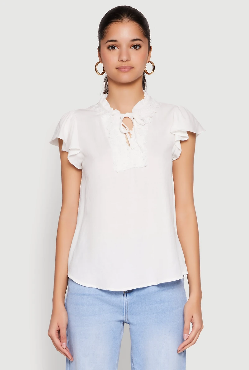 Womens Iris Crochet Detail Flounce Sleeve Blouse, White, Size M