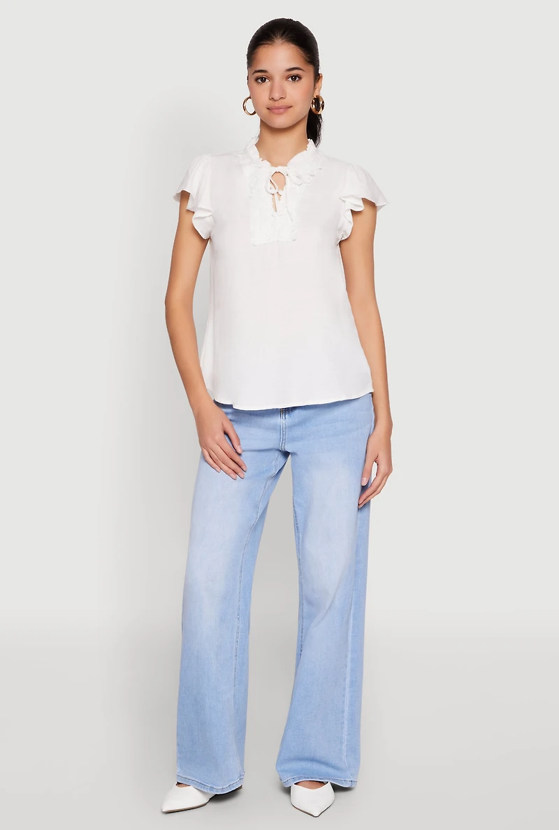 Womens Iris Crochet Detail Flounce Sleeve Blouse, White, Size M