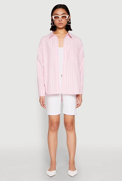 Womens Iris Striped Linen Button Front Shirt, Pink, Size L