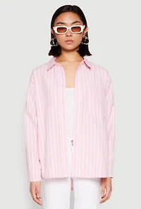 Womens Iris Striped Linen Button Front Shirt, Pink, Size S