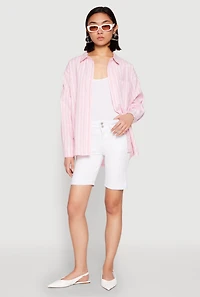 Womens Iris Striped Linen Button Front Shirt, Pink, Size L