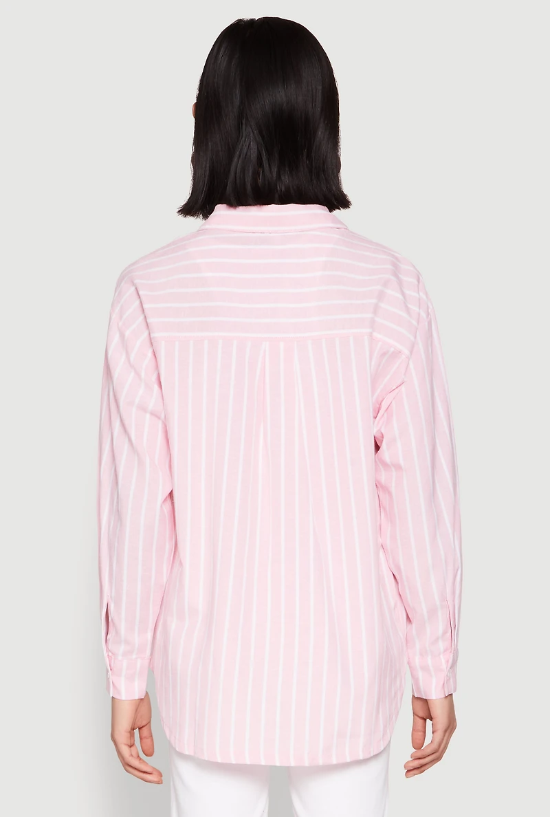Womens Iris Striped Linen Button Front Shirt, Pink, Size M