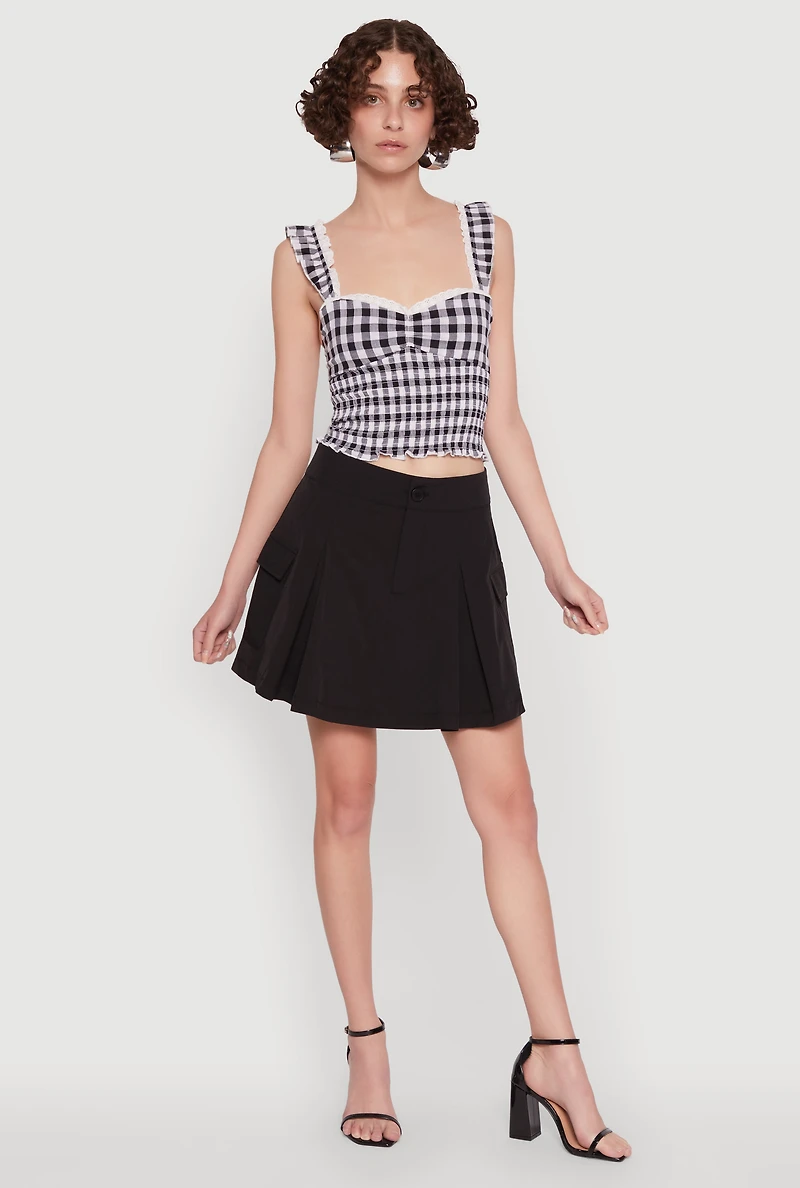 Chic Lace Trim Gingham Smocked Blouse