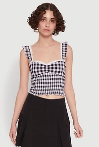 Womens Chic Lace Trim Gingham Smocked Blouse, Multi, Size S